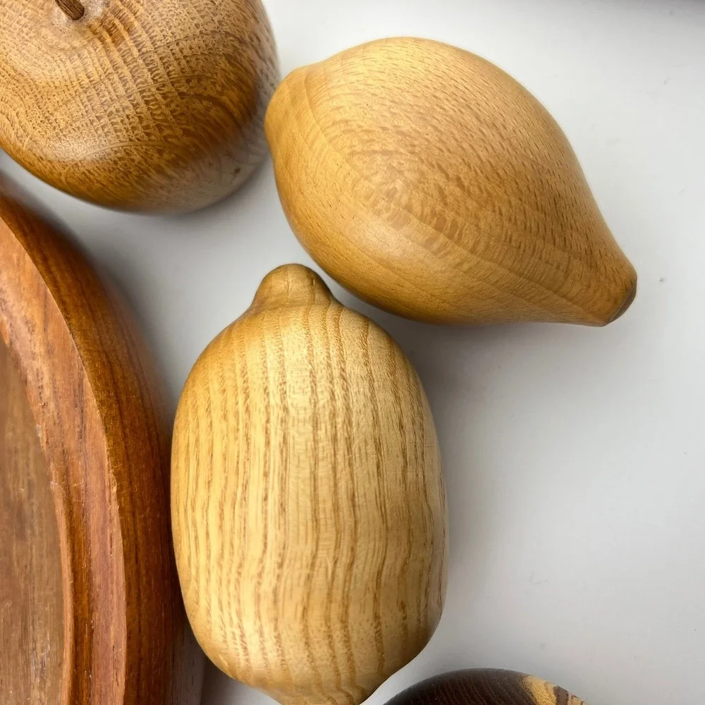 Vintage Wooden Fruit Bowl Set Hand Carved Wood Apples Pear Banana‎ Cherries